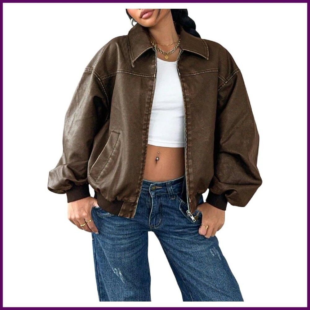Vintage PU Leather Jacket Zip Up Baggy Outerwear with Pocket Fall